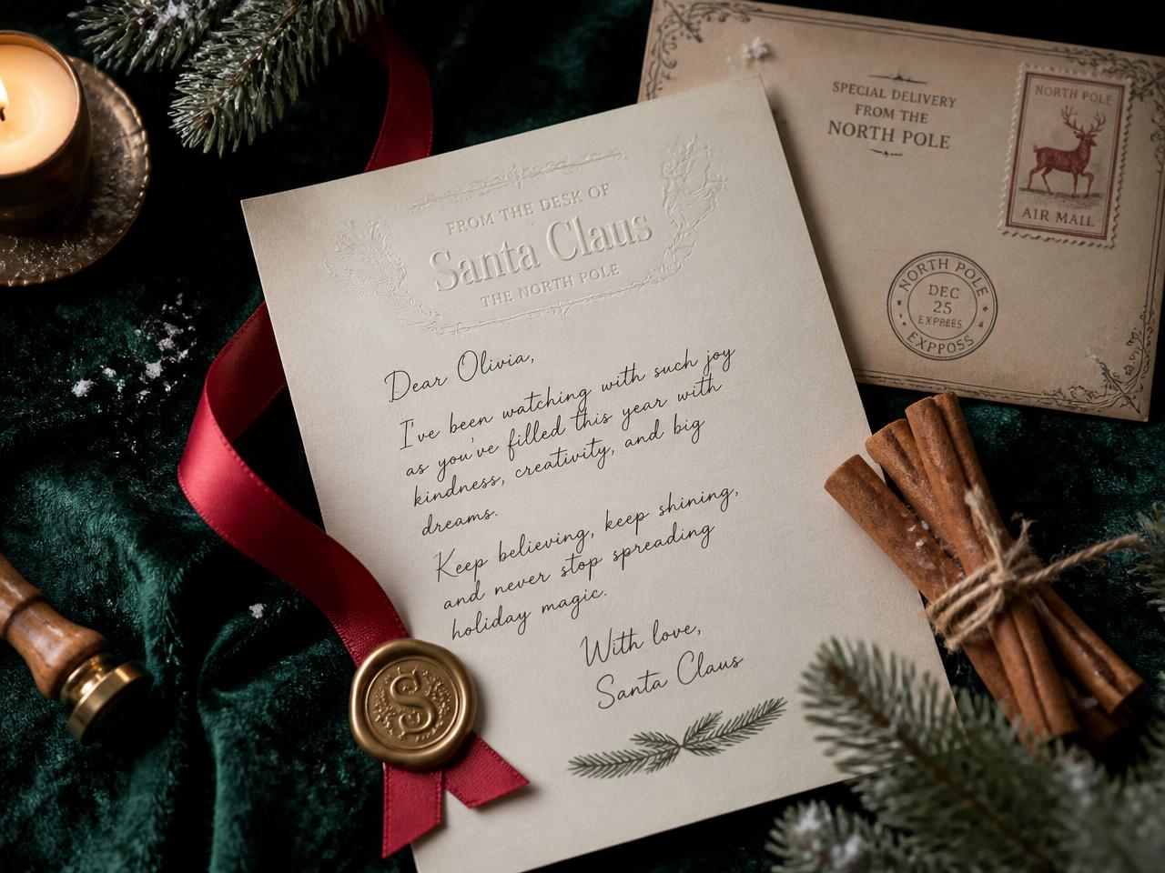 A personalized letter from Santa on cream paper with a gold wax seal, beside a North Pole envelope